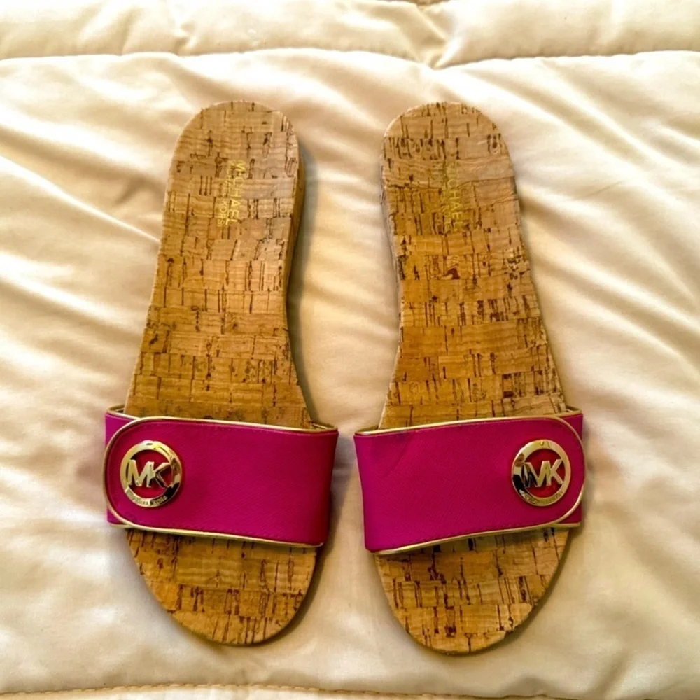 Michael Kors Pink Cork Sandals with Gold Accents